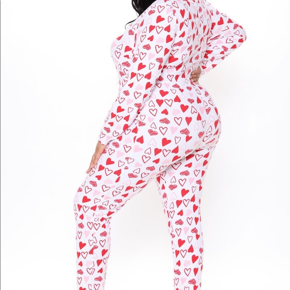 Fashion Nova, Size 1x, Full Of Love PJ Jumpsuit Onesie - Red/White - Picture 8 of 10